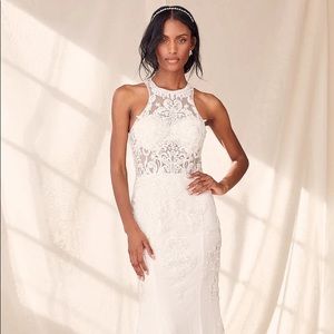 Lulus This Magic Moment White Lace Beaded Mermaid Maxi Dress Size 10